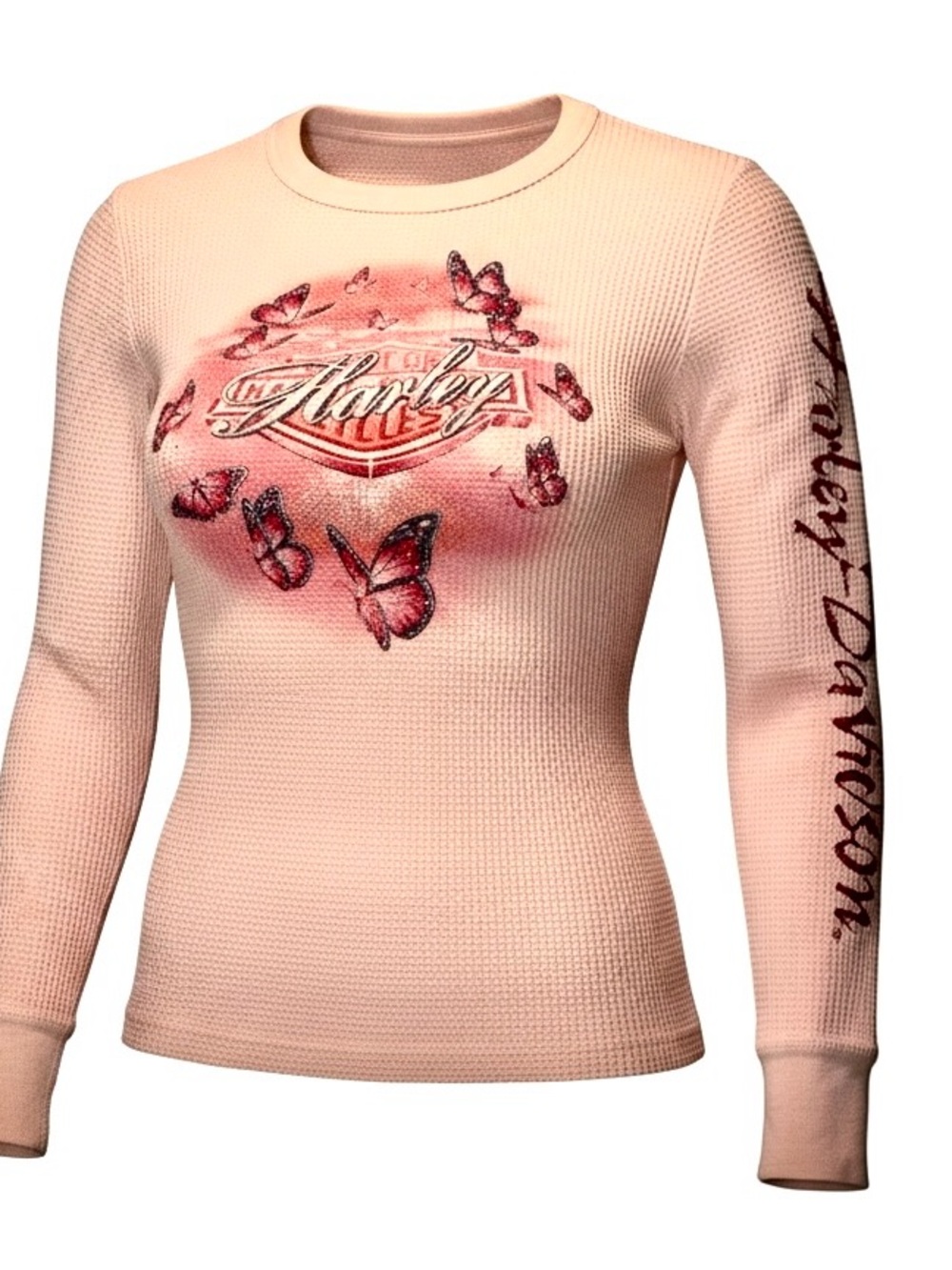 Harley-Davidson Pink Butterfly Waffle Knit Long Sleeve Tee
